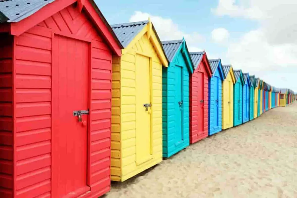 beach huts on land in UK are very colourful