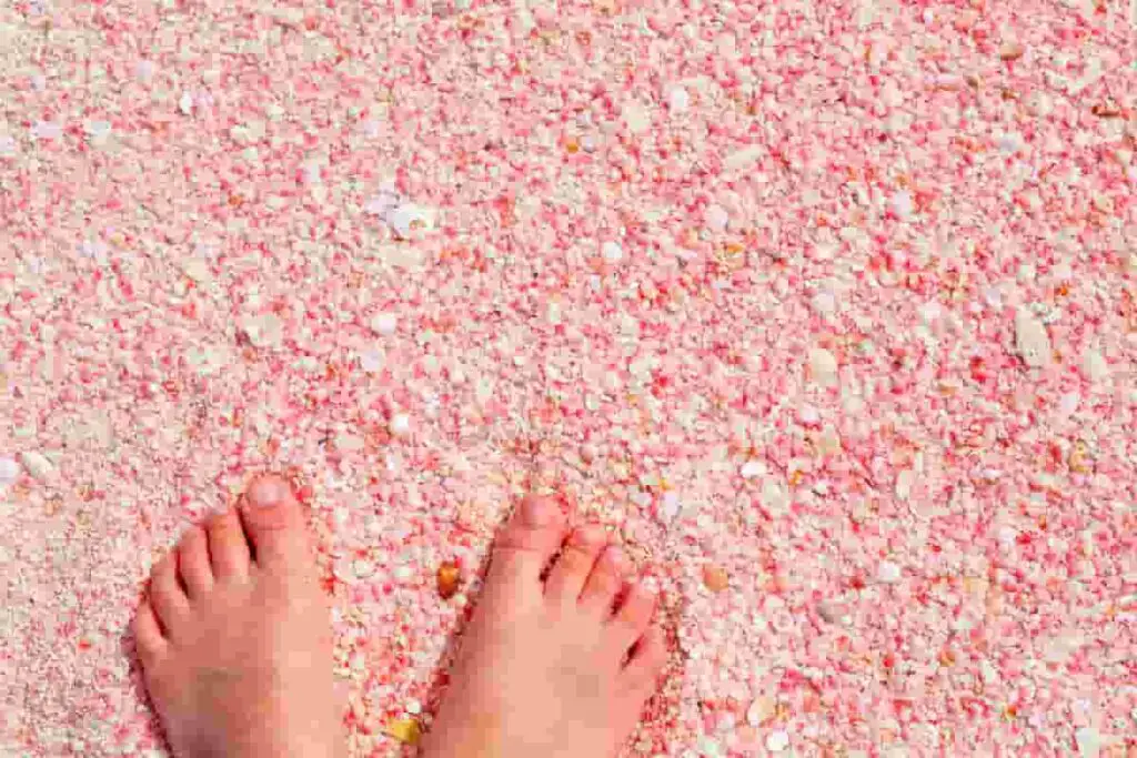 pink sand from the islands are made from tiny pink beach shells and pink coral