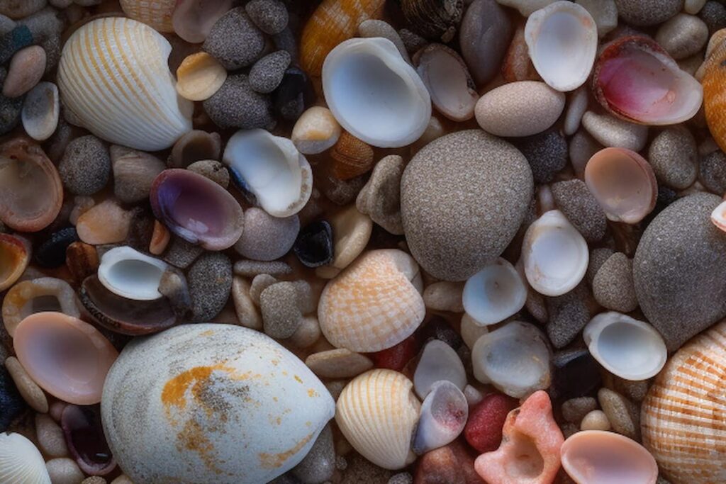 seashells at the beach mixed with beach pebbles