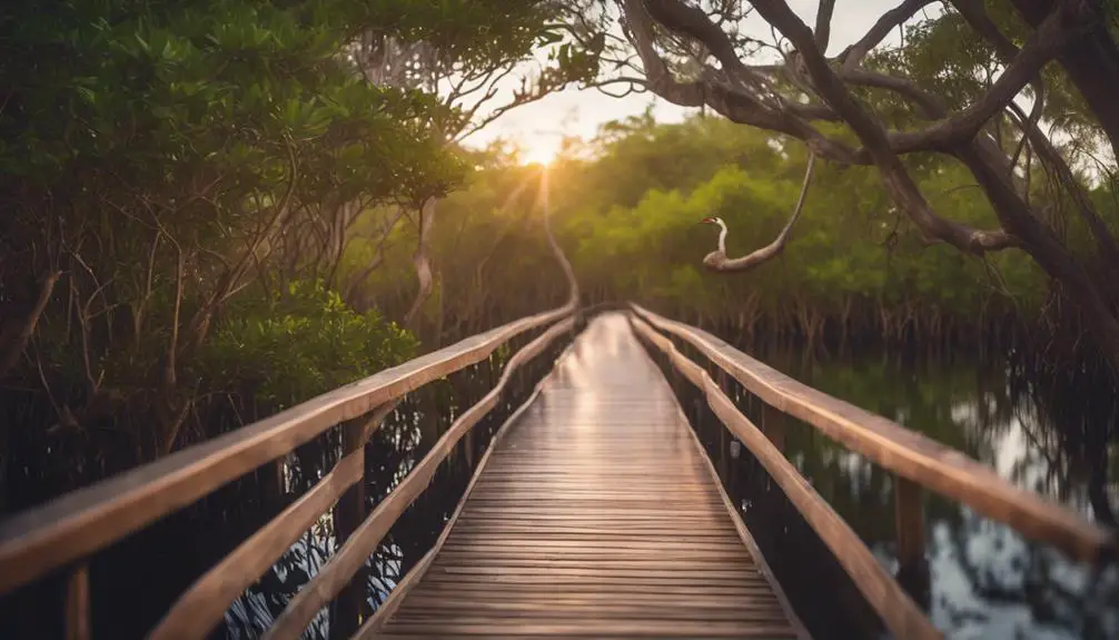 tranquil boardwalk through mangroves